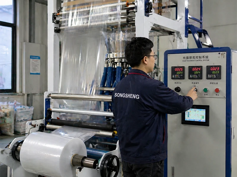 Operator adjusting film thickness on a mini blown film machine
